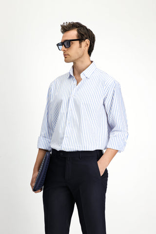  Mavi Uzun Kol Klasik Çizgili Pamuk Gömlek