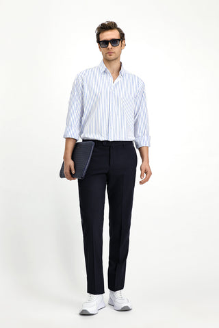  Mavi Uzun Kol Klasik Çizgili Pamuk Gömlek