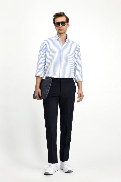 Mavi Uzun Kol Klasik Çizgili Pamuk Gömlek