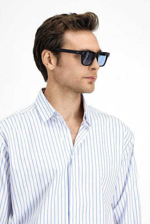 Mavi Uzun Kol Klasik Çizgili Pamuk Gömlek