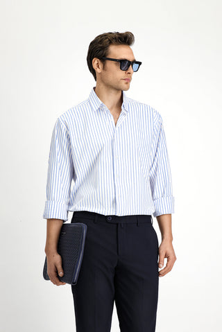  Mavi Uzun Kol Klasik Çizgili Pamuk Gömlek