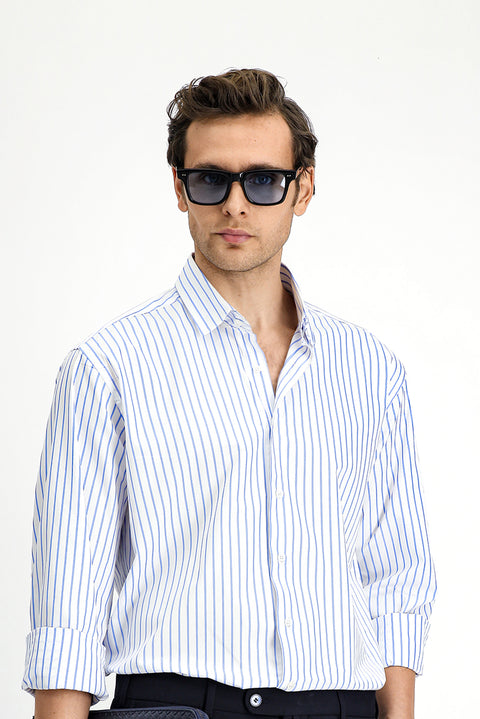 Mavi Uzun Kol Klasik Çizgili Pamuk Gömlek