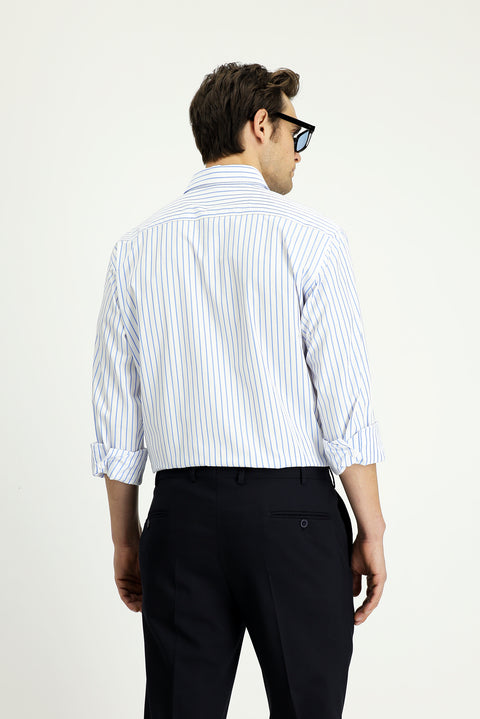 Mavi Uzun Kol Klasik Çizgili Pamuk Gömlek