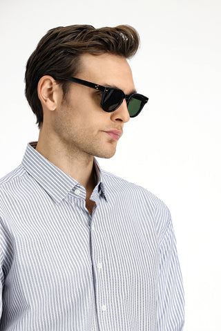  Orta Lacivert Uzun Kol Klasik Çizgili Pamuk Gömlek