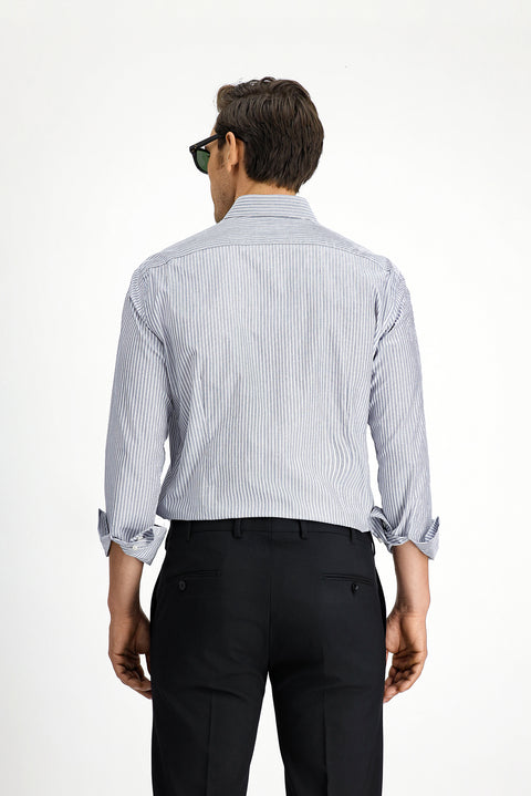 Orta Lacivert Uzun Kol Klasik Çizgili Pamuk Gömlek