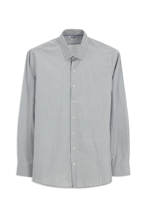 Orta Lacivert Uzun Kol Klasik Çizgili Pamuk Gömlek