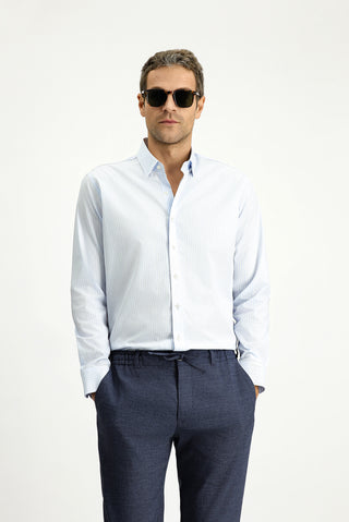  Açık Mavi Uzun Kol Klasik Çizgili Pamuk Gömlek