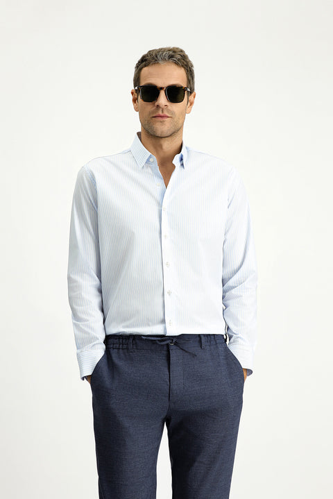 Açık Mavi Uzun Kol Klasik Çizgili Pamuk Gömlek