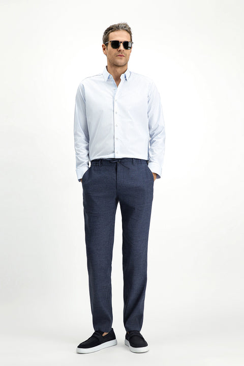 Açık Mavi Uzun Kol Klasik Çizgili Pamuk Gömlek