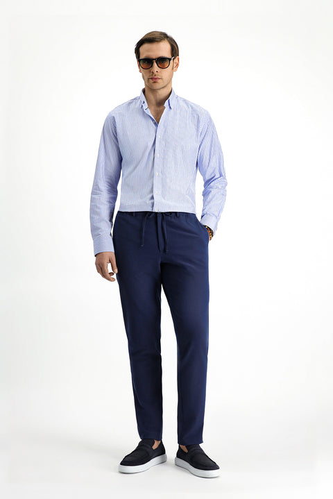 Koyu Mavi  Uzun Kol Klasik Çizgili Pamuk Gömlek