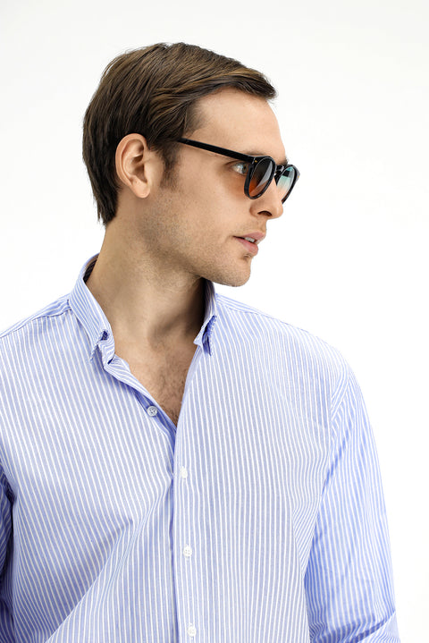 Koyu Mavi  Uzun Kol Klasik Çizgili Pamuk Gömlek