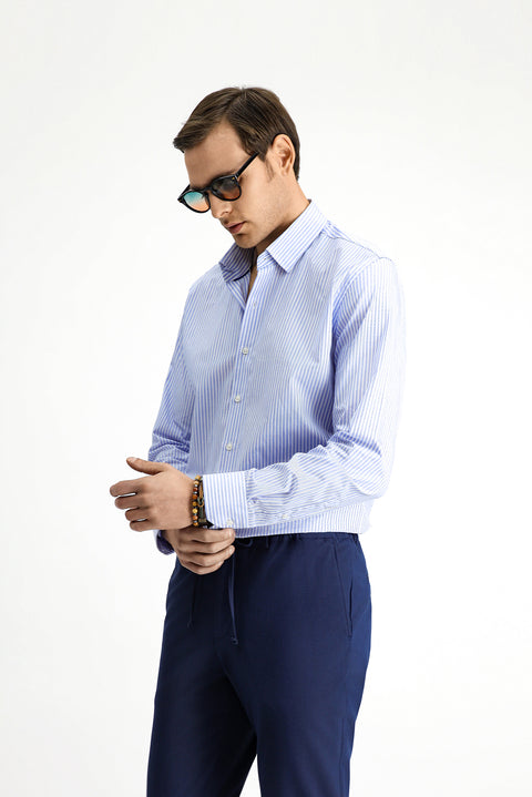 Koyu Mavi  Uzun Kol Klasik Çizgili Pamuk Gömlek