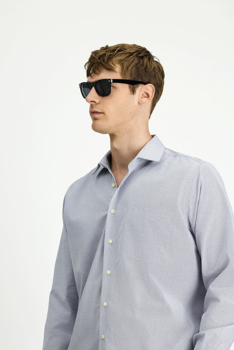 Koyu Lacivert Uzun Kol Kasik Çizgili Pamuk Gömlek