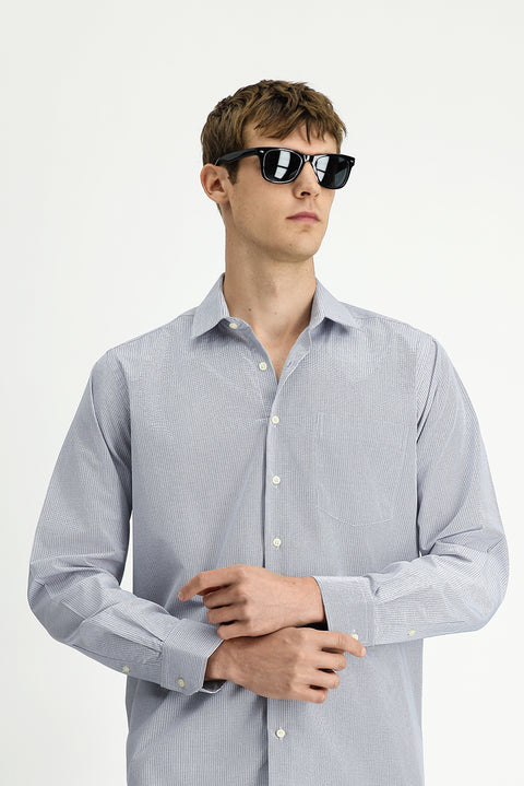 Koyu Lacivert Uzun Kol Kasik Çizgili Pamuk Gömlek