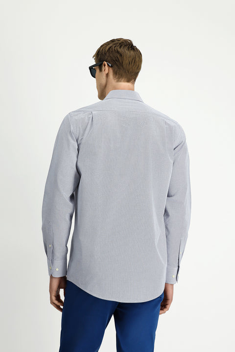 Koyu Lacivert Uzun Kol Kasik Çizgili Pamuk Gömlek