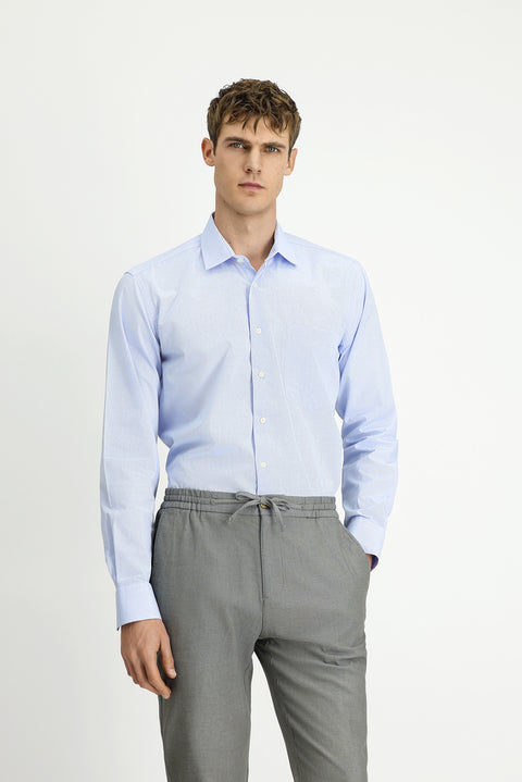 Açık Mavi Uzun Kol Kasik Çizgili Pamuk Gömlek