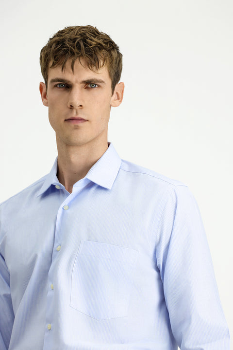 Açık Mavi Uzun Kol Kasik Çizgili Pamuk Gömlek