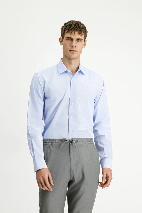 Açık Mavi Uzun Kol Kasik Çizgili Pamuk Gömlek