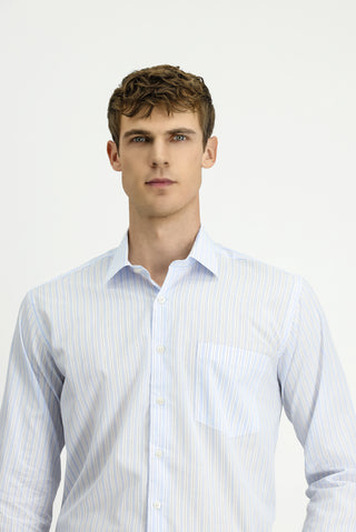  Açık Mavi Uzun Kol Kasik Çizgili Pamuk Gömlek