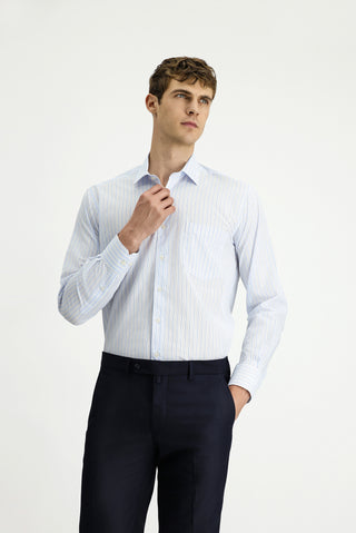  Açık Mavi Uzun Kol Kasik Çizgili Pamuk Gömlek