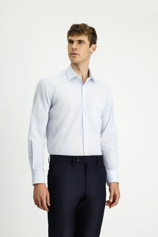  Açık Mavi Uzun Kol Kasik Çizgili Pamuk Gömlek