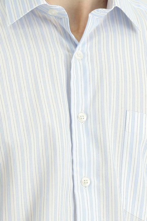 Açık Mavi Uzun Kol Kasik Çizgili Pamuk Gömlek