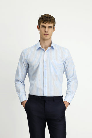  Açık Mavi Uzun Kol Kasik Çizgili Pamuk Gömlek