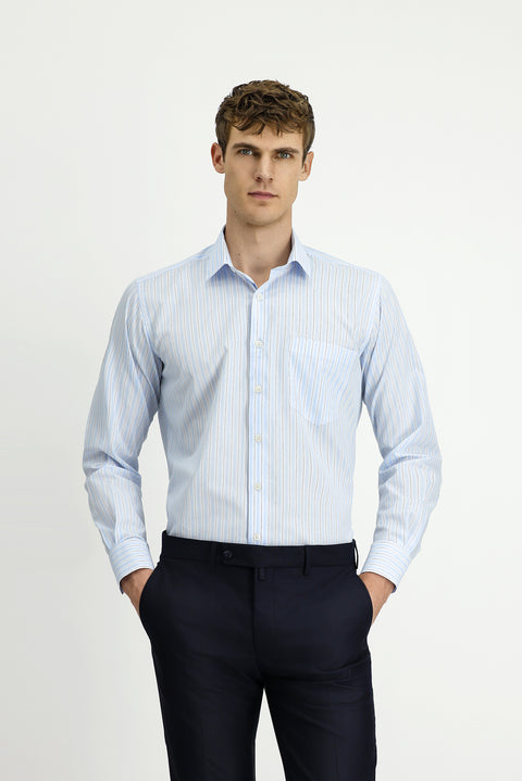 Açık Mavi Uzun Kol Kasik Çizgili Pamuk Gömlek