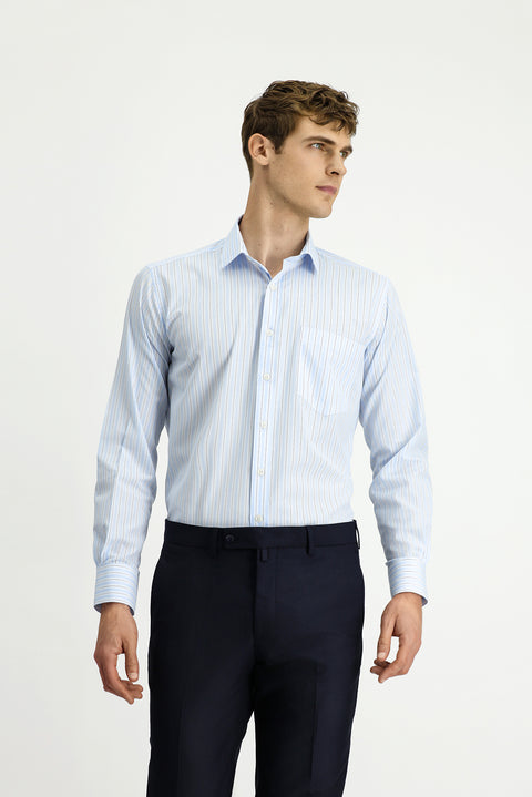 Açık Mavi Uzun Kol Kasik Çizgili Pamuk Gömlek