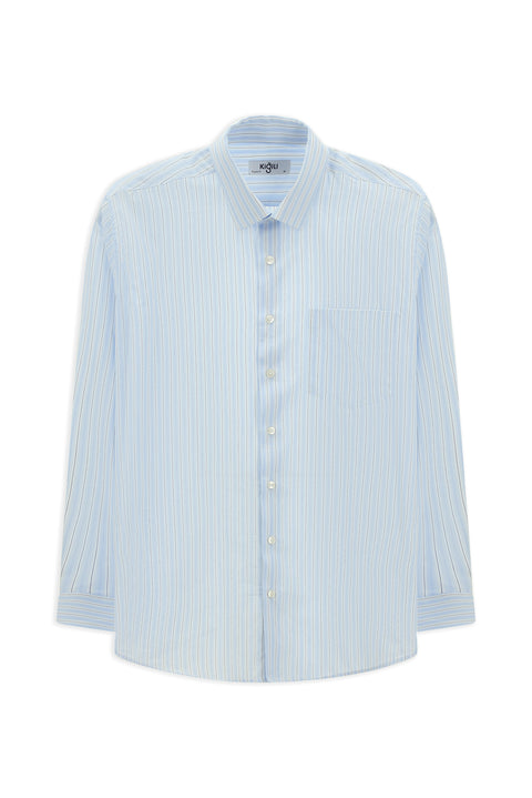 Açık Mavi Uzun Kol Kasik Çizgili Pamuk Gömlek