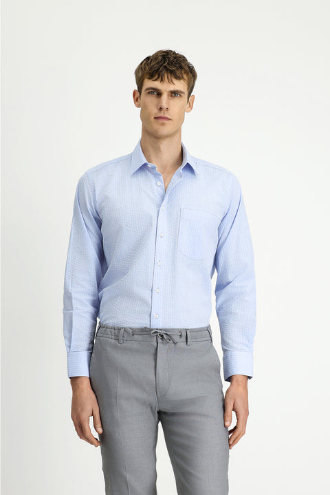 Açık Mavi Uzun Kol Regular Fit Pamuk Çizgili Gofre Gömlek