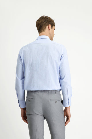  Açık Mavi Uzun Kol Regular Fit Pamuk Çizgili Gofre Gömlek