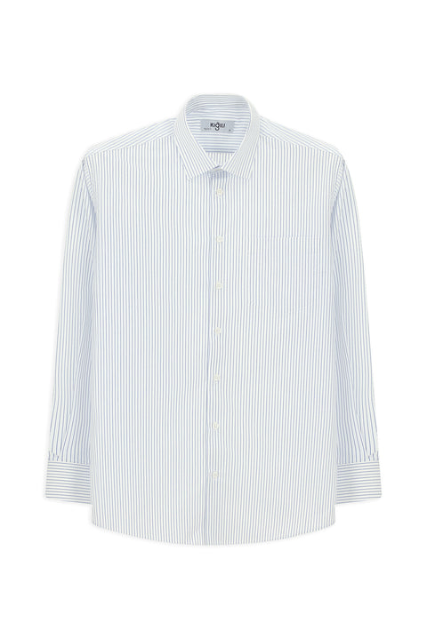 Beyaz Uzun Kol Klasik Çizgili Pamuklu Kolay Ütülenebilir Gömlek