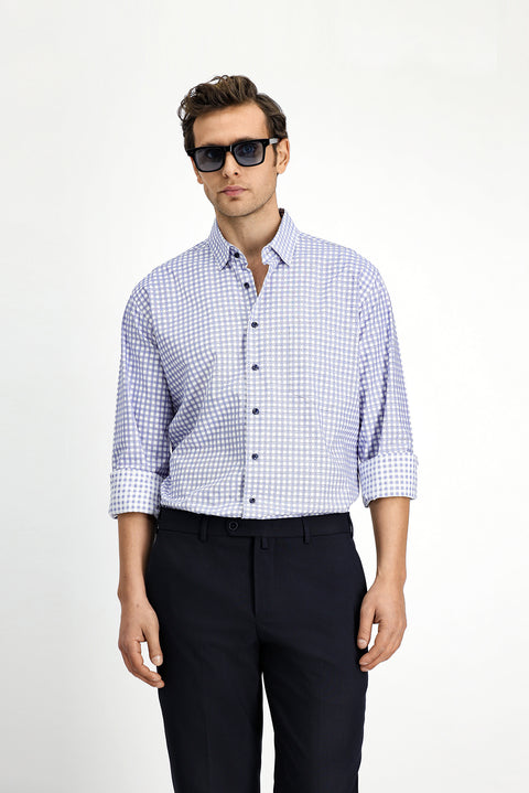 Orta Lacivert Uzun Kol Regular Fit Pamuk Ekose Gömlek