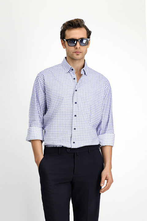 Orta Lacivert Uzun Kol Regular Fit Pamuk Ekose Gömlek