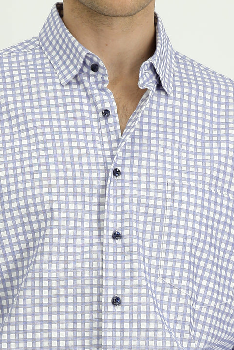 Orta Lacivert Uzun Kol Regular Fit Pamuk Ekose Gömlek