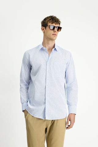 Açık Mavi Uzun Kol Regular Fit Pamuk Ekose Gömlek