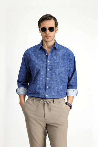  Orta Lacivert Uzun Kol Regular Fit Baskılı Pamuk Spor Gömlek