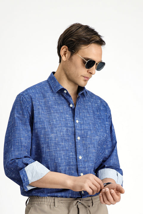 Orta Lacivert Uzun Kol Regular Fit Baskılı Pamuk Spor Gömlek