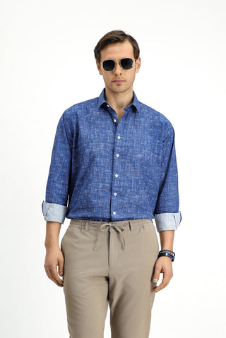  Orta Lacivert Uzun Kol Regular Fit Baskılı Pamuk Spor Gömlek