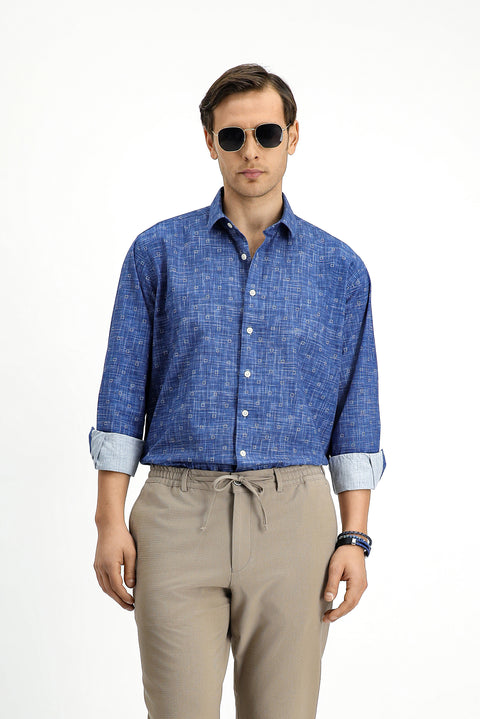 Orta Lacivert Uzun Kol Regular Fit Baskılı Pamuk Spor Gömlek