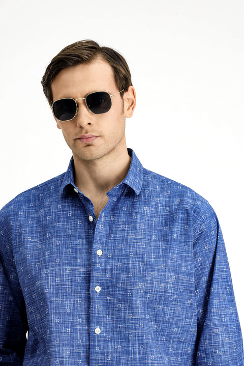 Orta Lacivert Uzun Kol Regular Fit Baskılı Pamuk Spor Gömlek