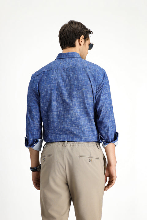 Orta Lacivert Uzun Kol Regular Fit Baskılı Pamuk Spor Gömlek