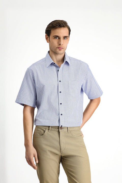 Orta Lacivert Kısa Kol Regular Fit Desenli Pamuk Gömlek