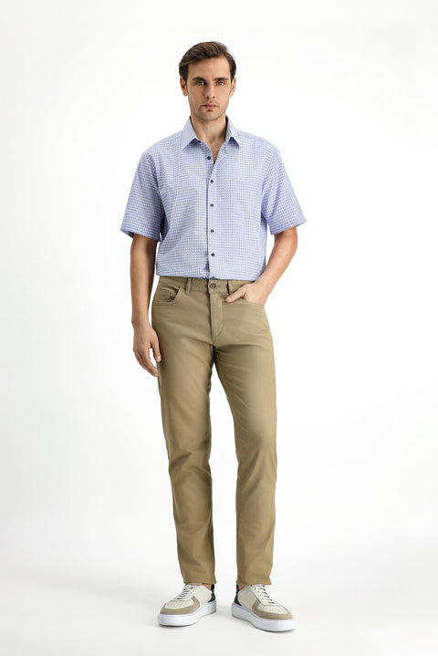 Orta Lacivert Kısa Kol Regular Fit Desenli Pamuk Gömlek