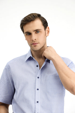  Orta Lacivert Kısa Kol Regular Fit Desenli Pamuk Gömlek