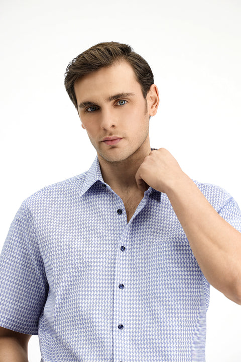 Orta Lacivert Kısa Kol Regular Fit Desenli Pamuk Gömlek