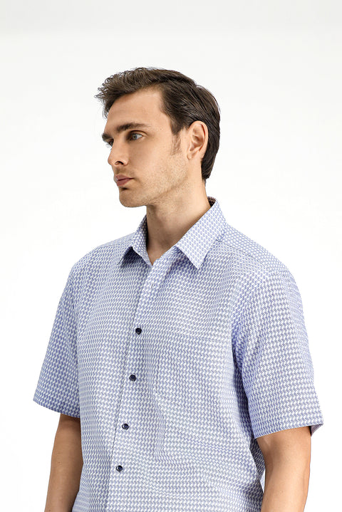 Orta Lacivert Kısa Kol Regular Fit Desenli Pamuk Gömlek