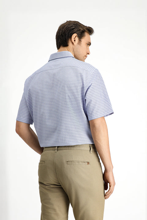 Orta Lacivert Kısa Kol Regular Fit Desenli Pamuk Gömlek