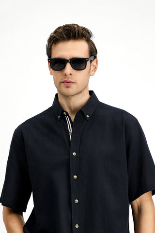  Siyah Kısa Kol Regular Fit Düğmeli Yaka Keten Görünümlü Pamuk Spor Gömlek